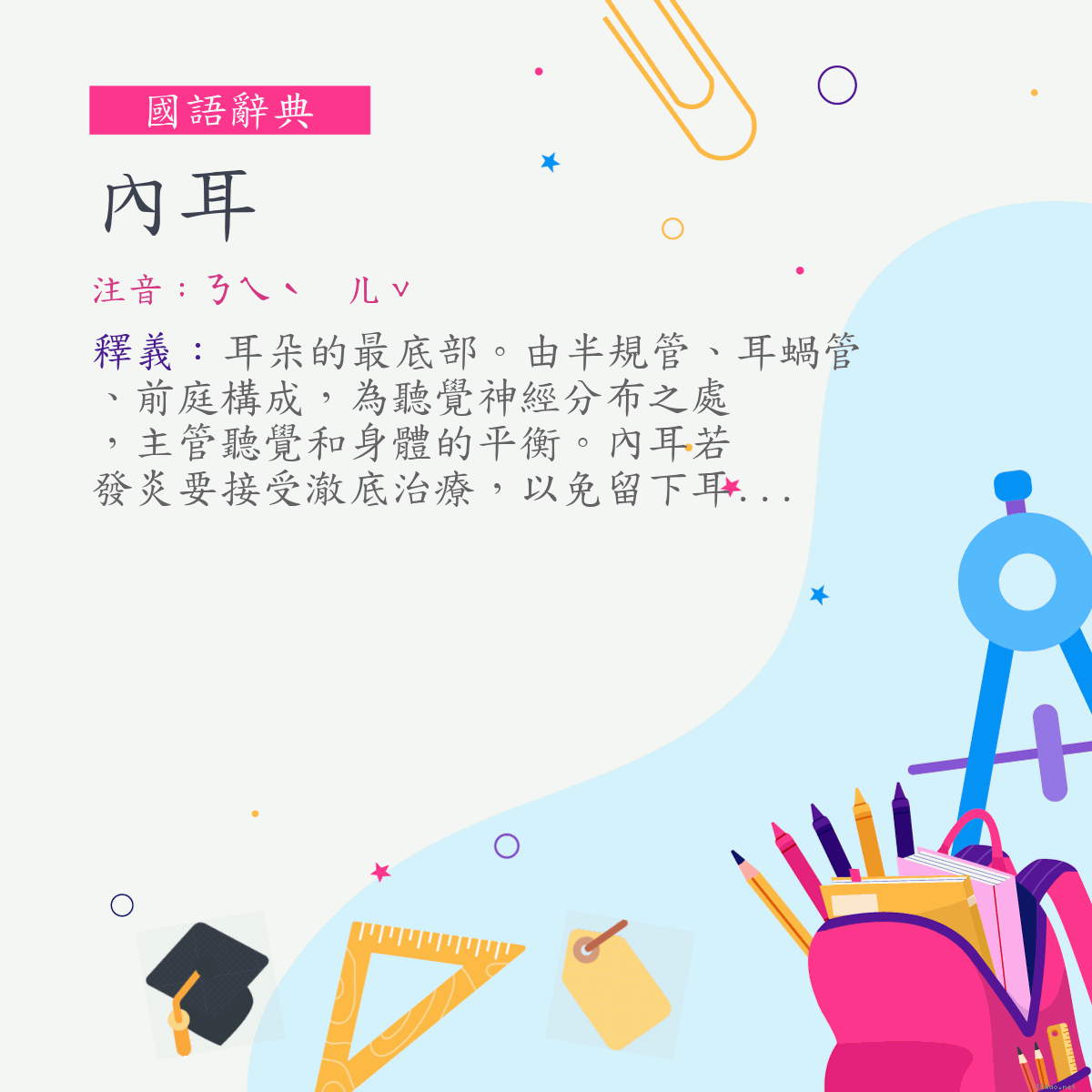 詞:內耳 (注音:ㄋㄟˋ　ㄦˇ)