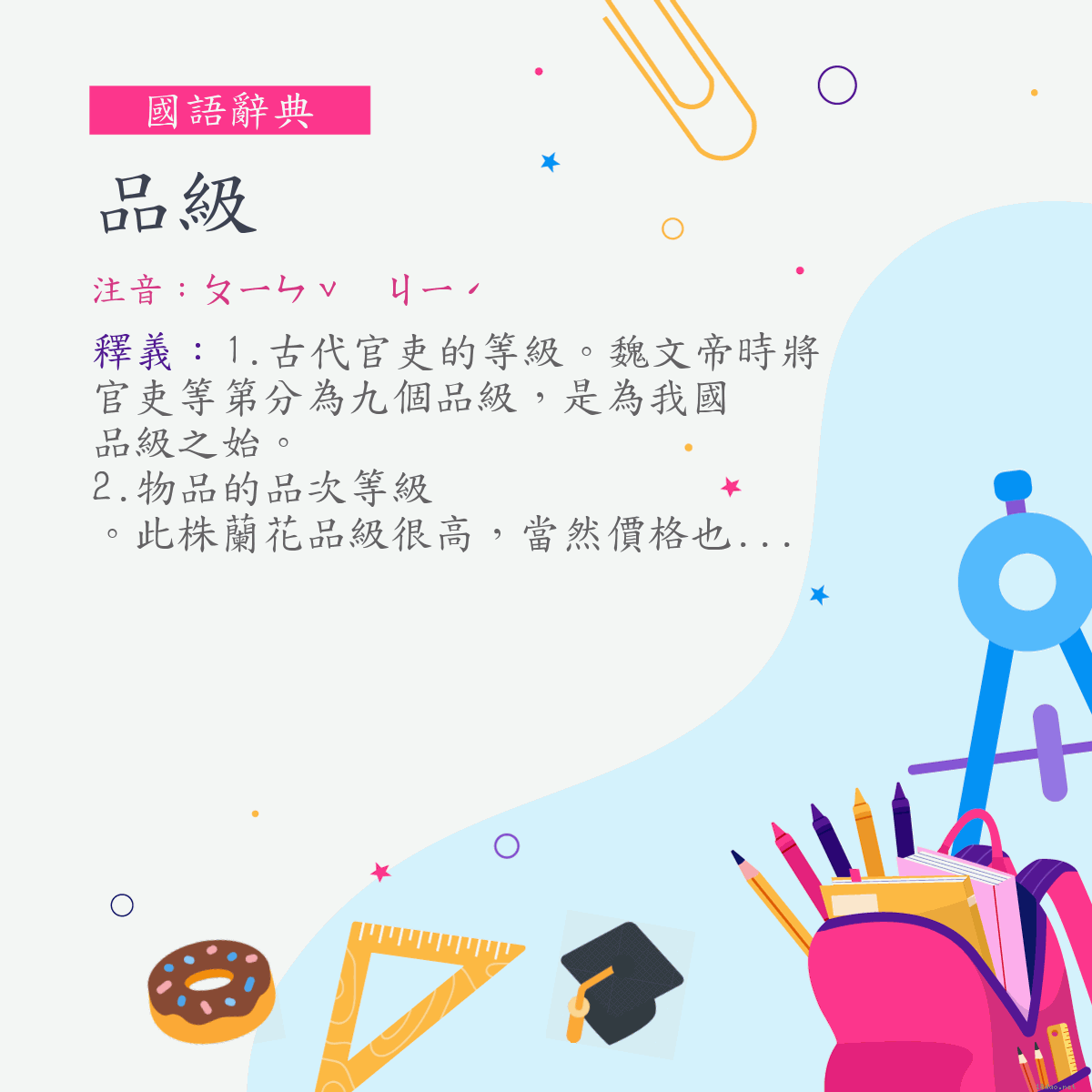 詞:品級 (注音:ㄆㄧㄣˇ　ㄐㄧˊ)