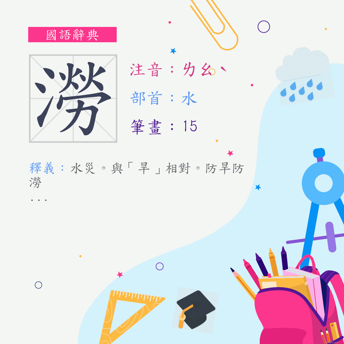 字:澇 (注音:ㄌㄠˋ,部首:水)