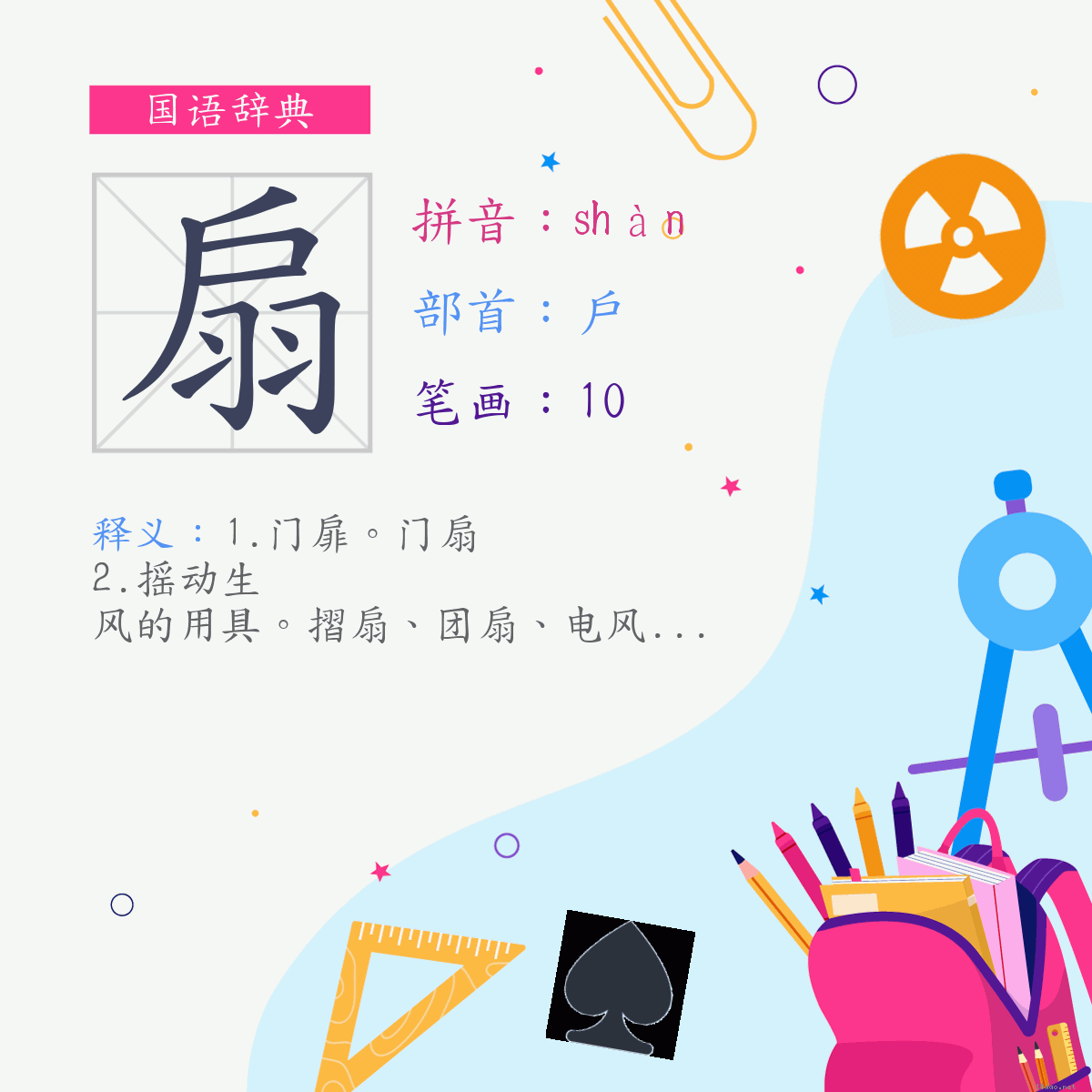 字:扇 (注音:(一)ㄕㄢˋ,部首:户)