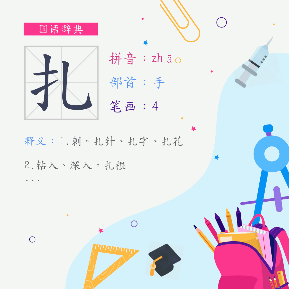 字:扎 (注音:(一)ㄓㄚ,部首:手)