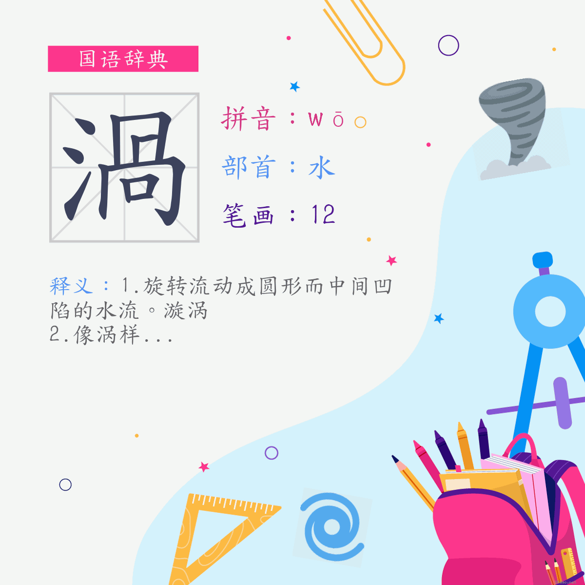 字:涡 (注音:(一)ㄨㄛ,部首:水)