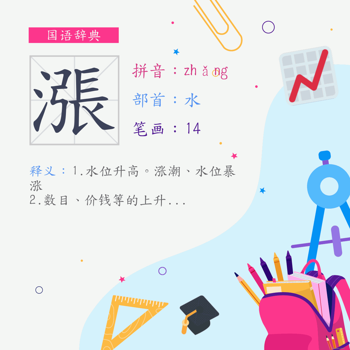 字:涨 (注音:(二)ㄓㄤˇ,部首:水)