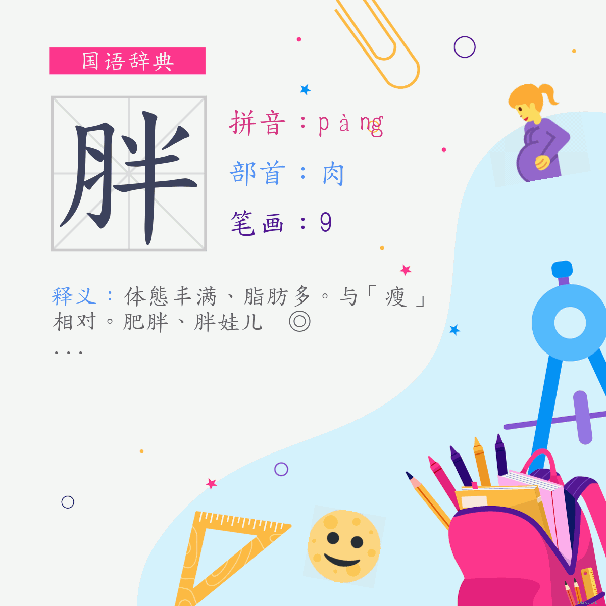 字:胖 (注音:(一)ㄆㄤˋ,部首:肉)