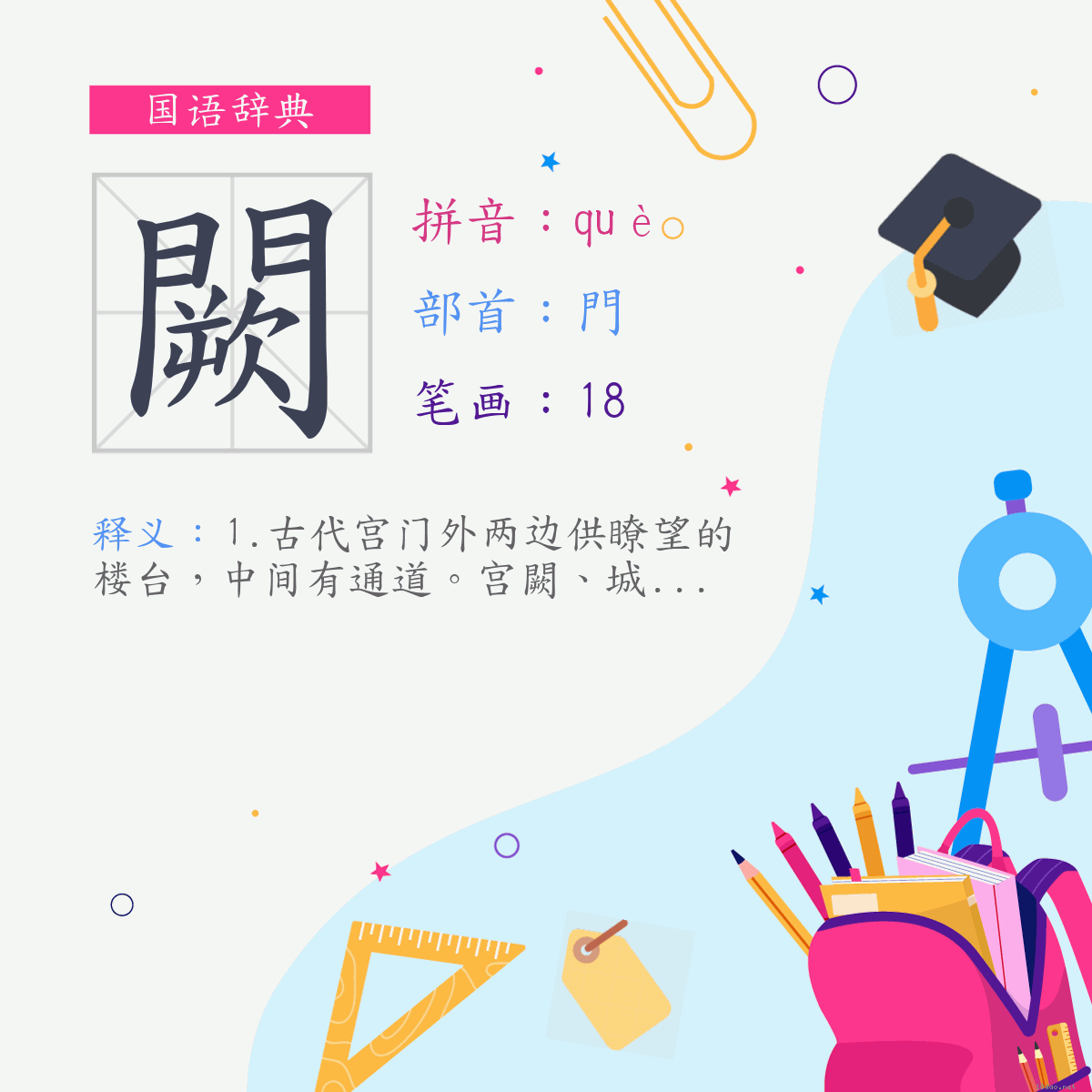 字:闕 (注音:(一)ㄑㄩㄝˋ,部首:门)